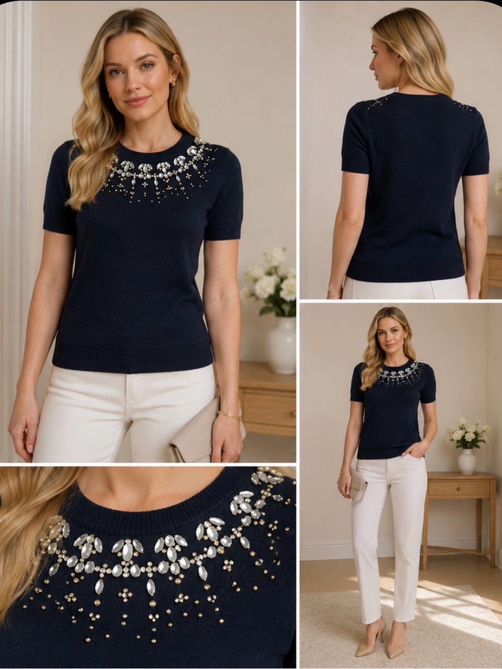 Tory Burch Pierce Navy Embellished Crystal Jewel Short Knit  Sleeve Sweater XS